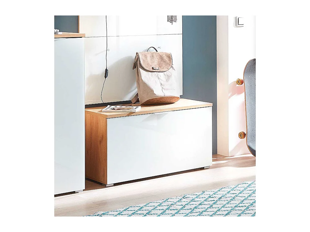 Garderoben Sitzbank in Weiß Glas beschichtet und Eichefarben Klappe