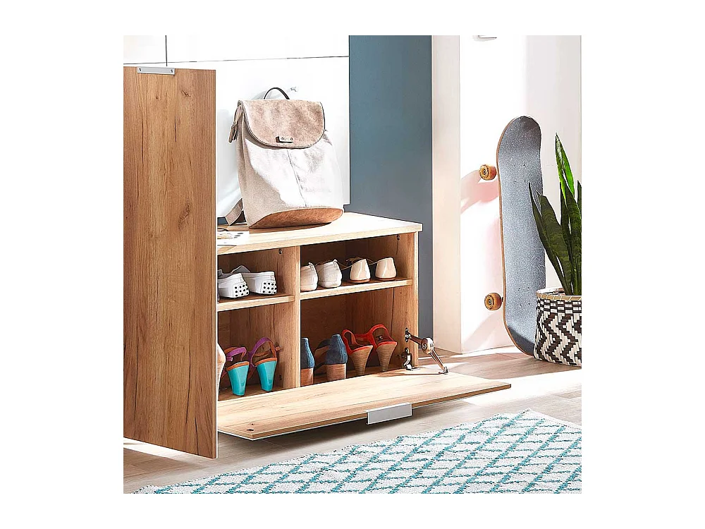 Garderoben Sitzbank in Weiß Glas beschichtet und Eichefarben Klappe