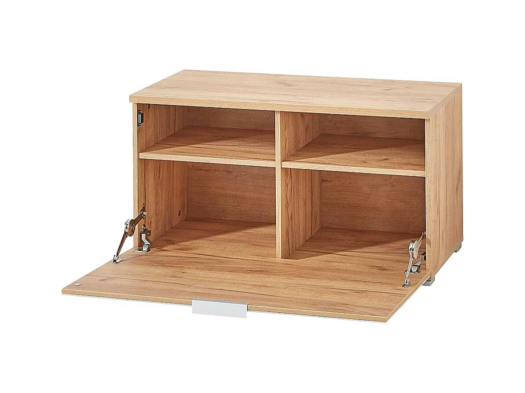 Garderoben Sitzbank in Weiß Glas beschichtet und Eichefarben Klappe