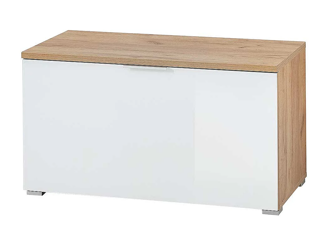 Garderoben Sitzbank in Weiß Glas beschichtet und Eichefarben Klappe