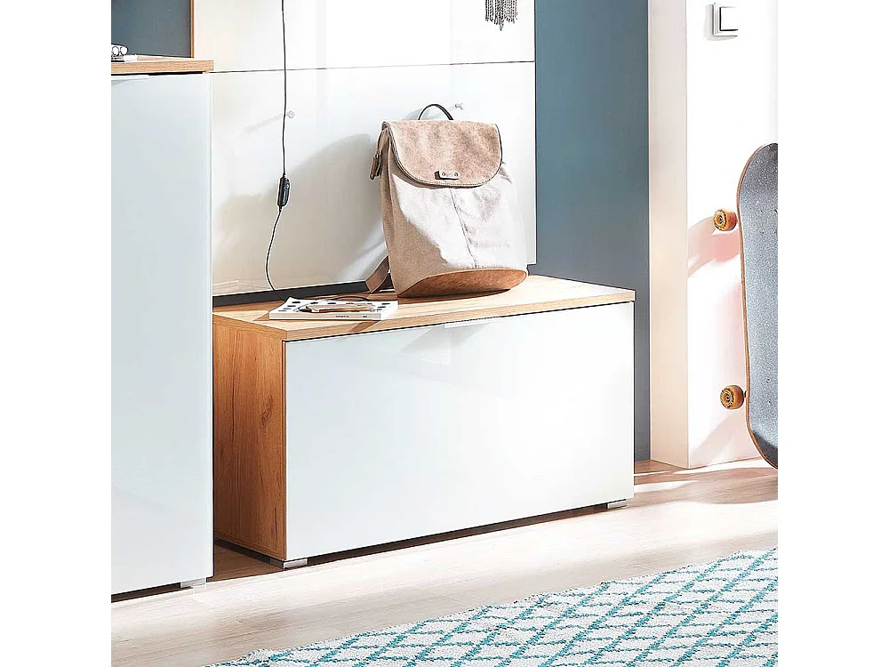 Garderoben Sitzbank in Weiß Glas beschichtet und Eichefarben Klappe