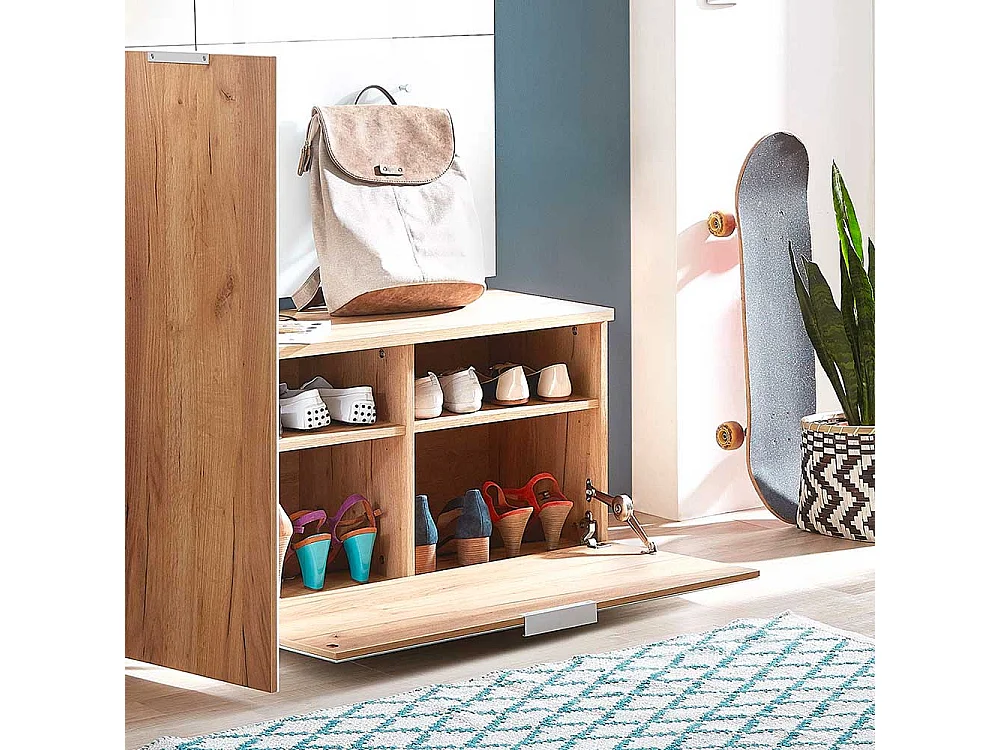 Garderoben Sitzbank in Weiß Glas beschichtet und Eichefarben Klappe