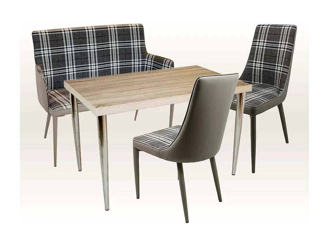 Retro Esszimmerbank in Grau kariert Metall Vierfußgestell