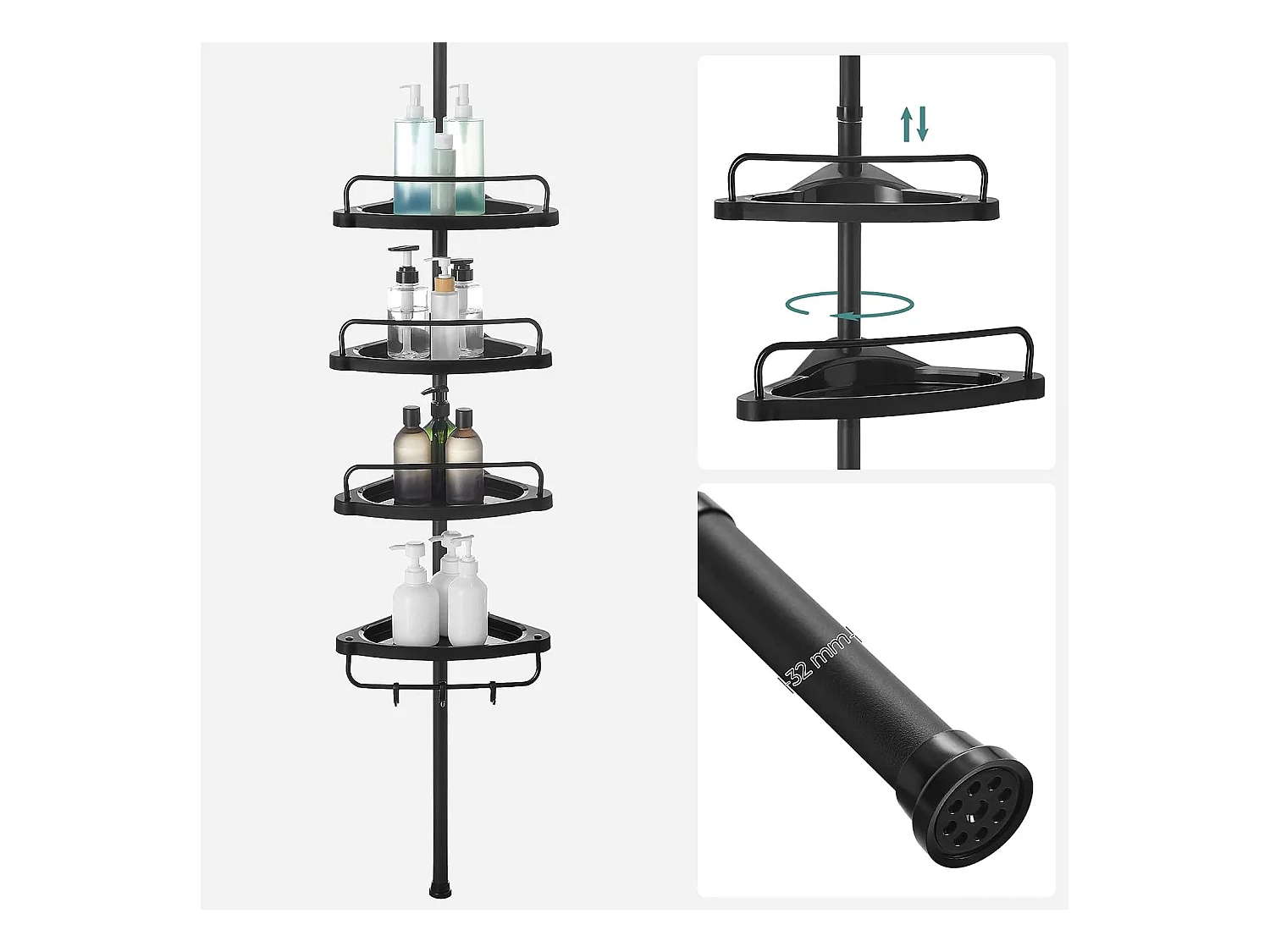 Étagère de salle de bain télescopique Valora noire avec rangement réglable
