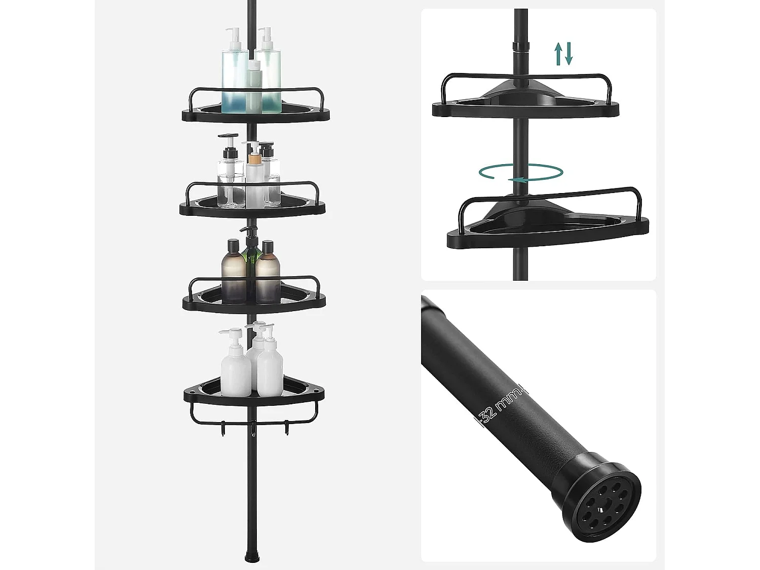 Étagère de salle de bain télescopique Valora noire avec rangement réglable