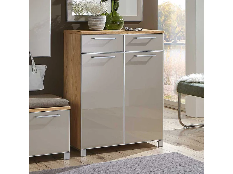 Schuhschrank in Taupe Glas beschichtet Eiche Bianco furniert