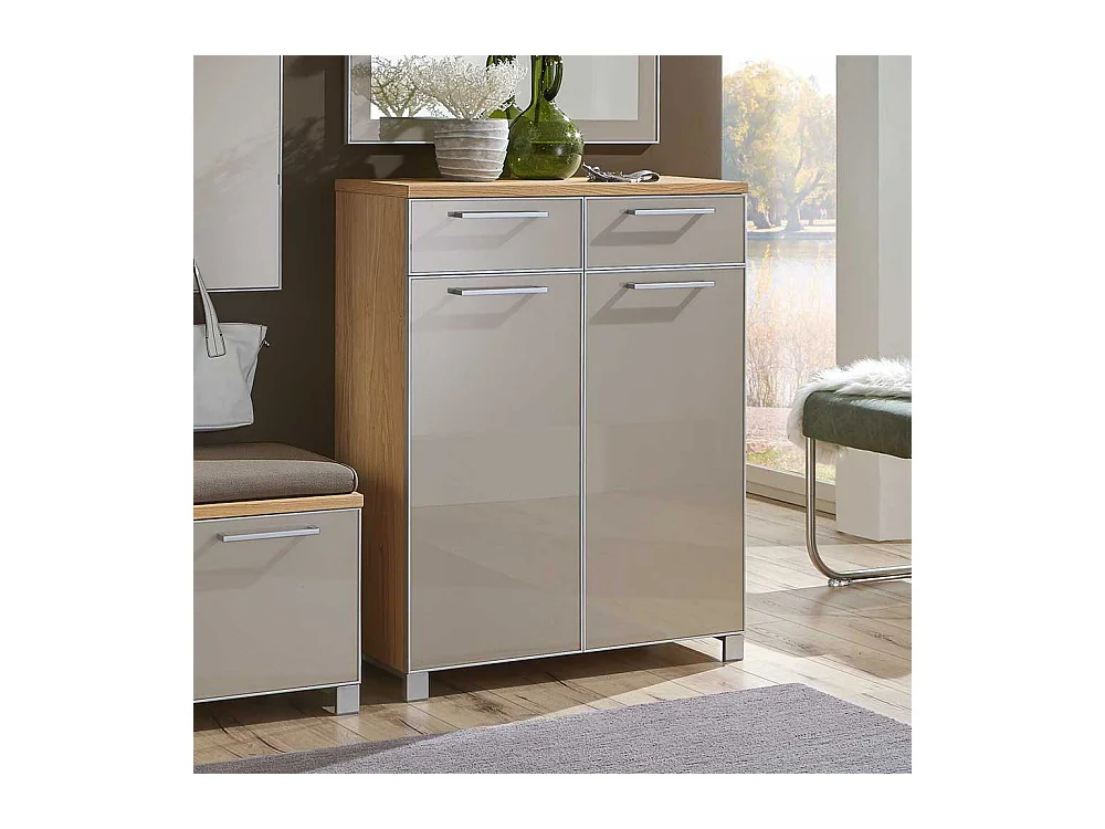 Schuhschrank in Taupe Glas beschichtet Eiche Bianco furniert