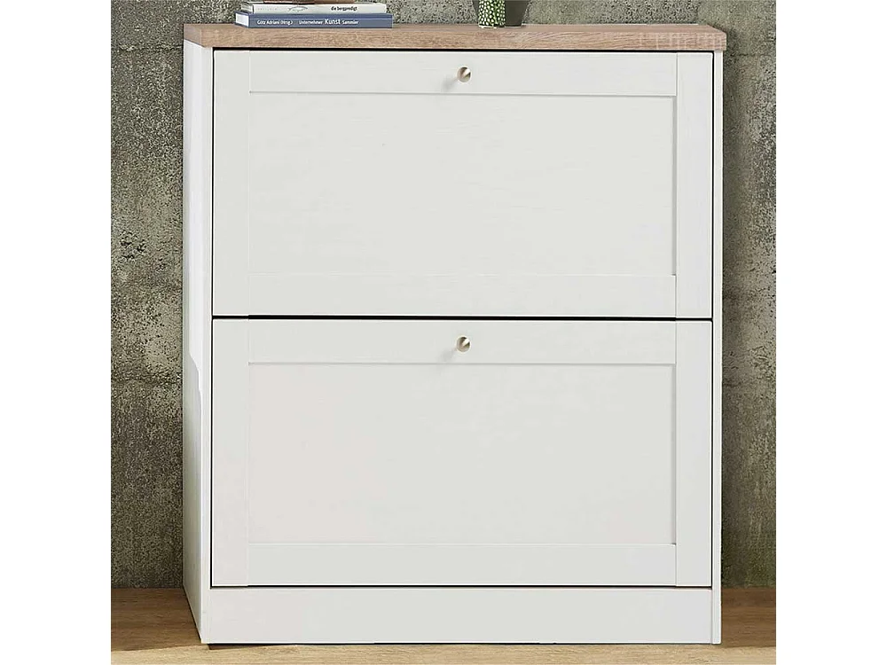 Landhaus Schuhschrank in Weiß und Sonoma Eiche 90 cm hoch