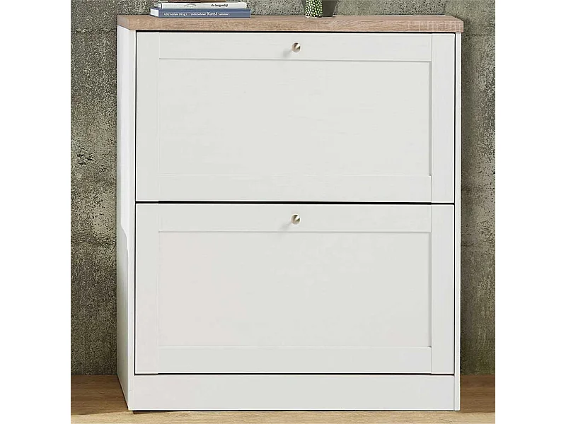 Landhaus Schuhschrank in Weiß und Sonoma Eiche 90 cm hoch