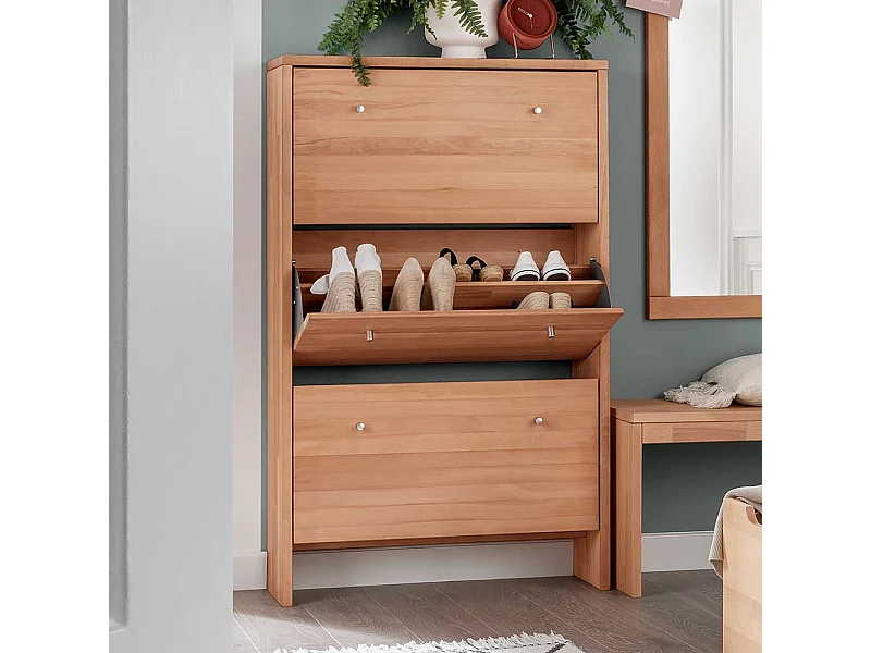Schuhklappenschrank mit drei Schuhwalzen Buche Massivholz