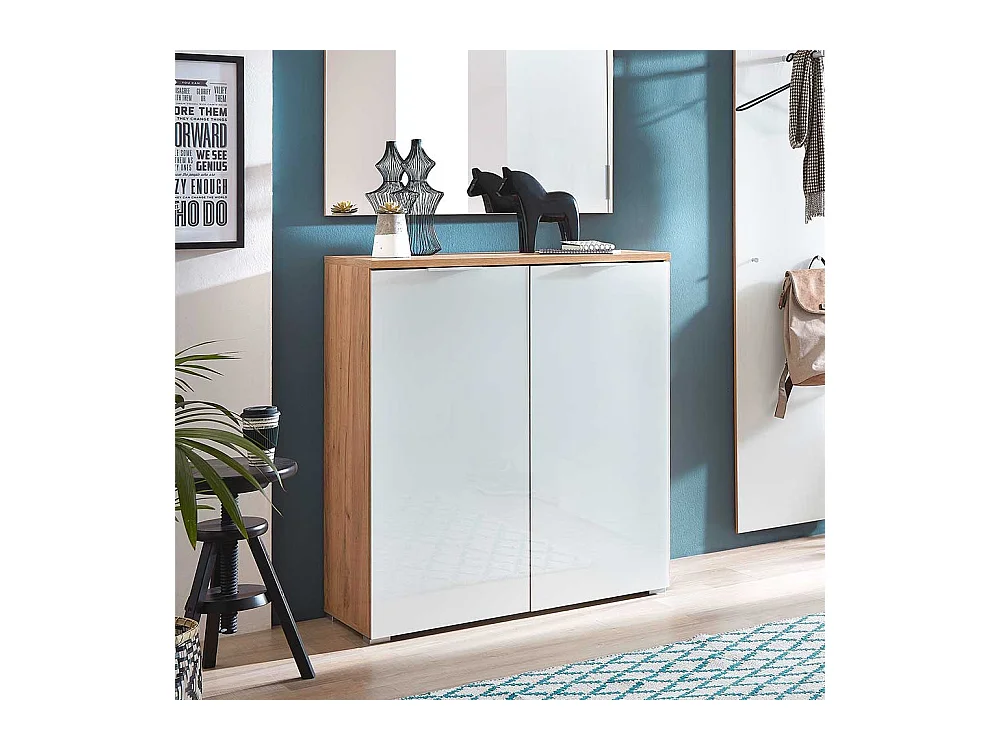 Garderobenschuhschrank in Weiß Glas beschichtet Eichefarben