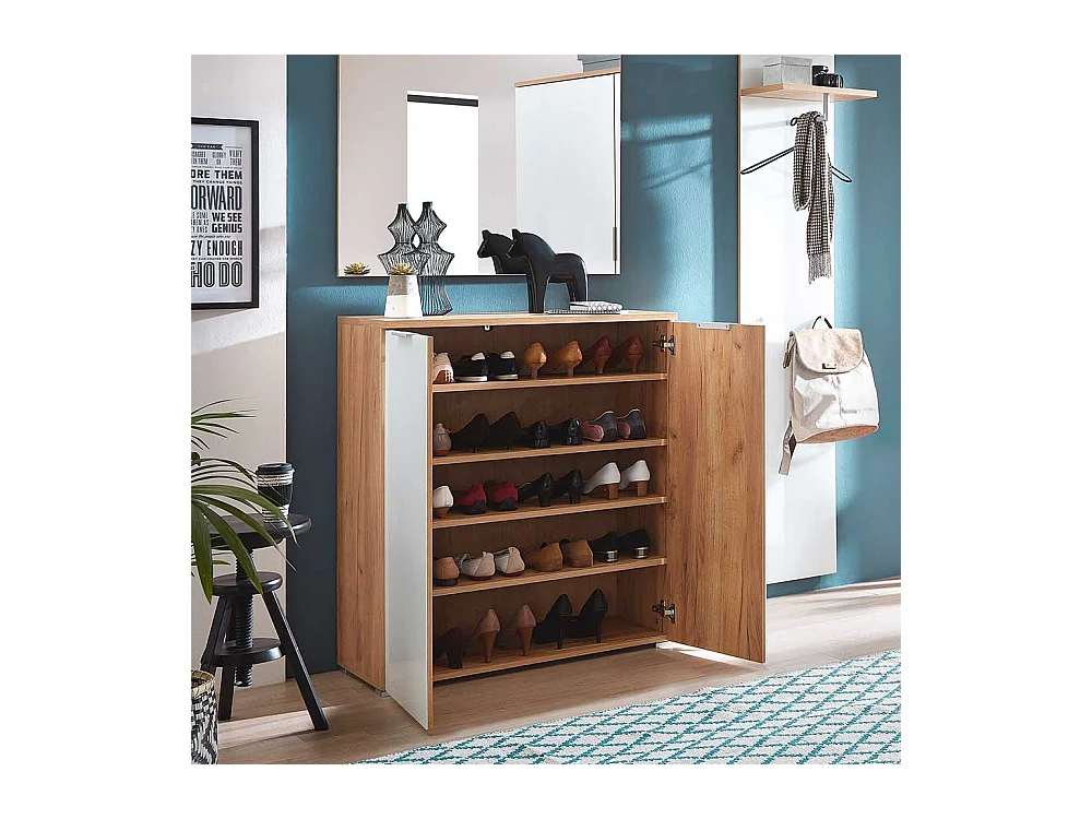 Garderobenschuhschrank in Weiß Glas beschichtet Eichefarben