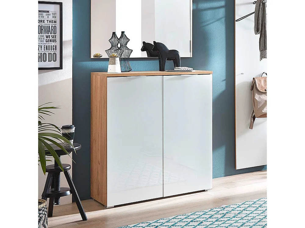 Garderobenschuhschrank in Weiß Glas beschichtet Eichefarben