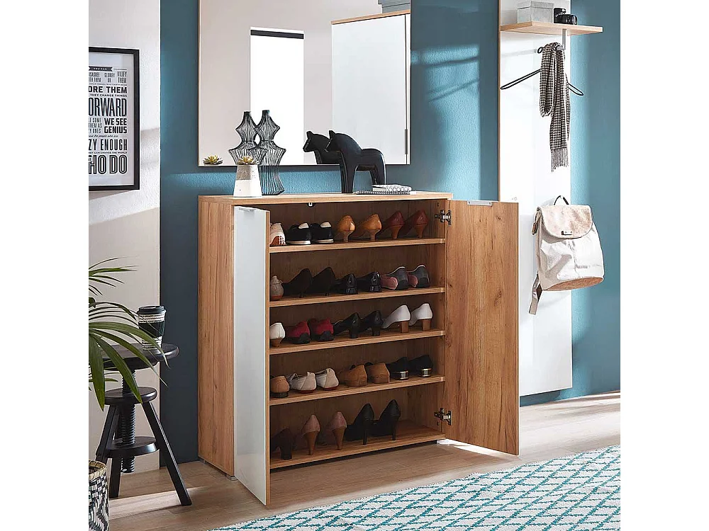 Garderobenschuhschrank in Weiß Glas beschichtet Eichefarben