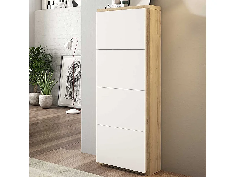 Schuhklappenschrank in Weiß und Wildeiche Optik 60 cm breit