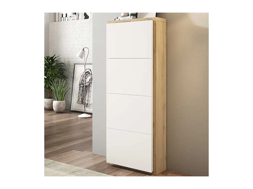 Schuhklappenschrank in Weiß und Wildeiche Optik 60 cm breit