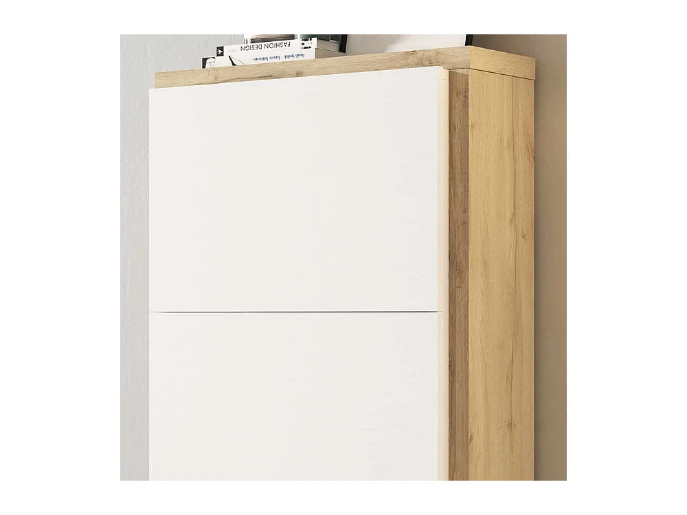 Schuhklappenschrank in Weiß und Wildeiche Optik 60 cm breit