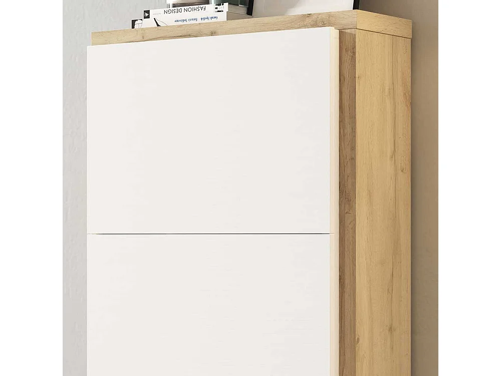 Schuhklappenschrank in Weiß und Wildeiche Optik 60 cm breit