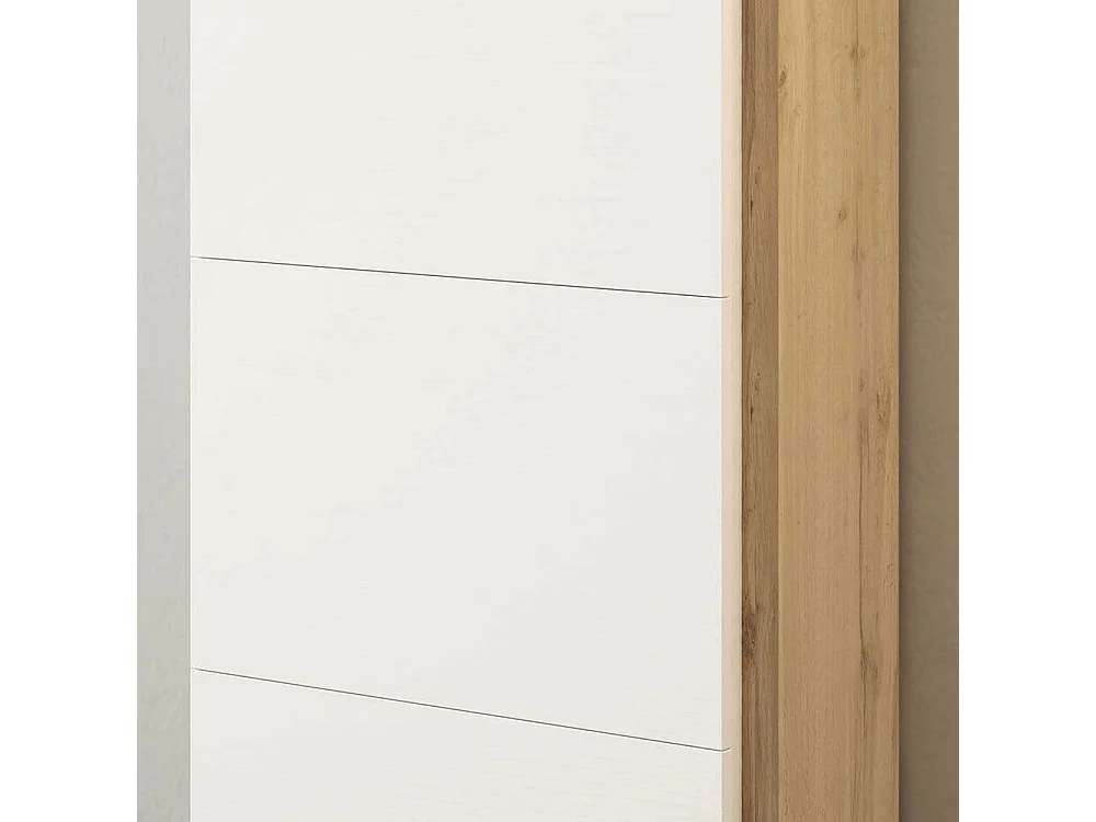 Schuhklappenschrank in Weiß und Wildeiche Optik 60 cm breit