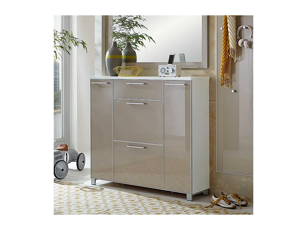 Schuh Klappenschrank in Taupe Weiß Glas beschichtet