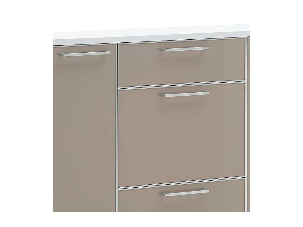 Schuh Klappenschrank in Taupe Weiß Glas beschichtet