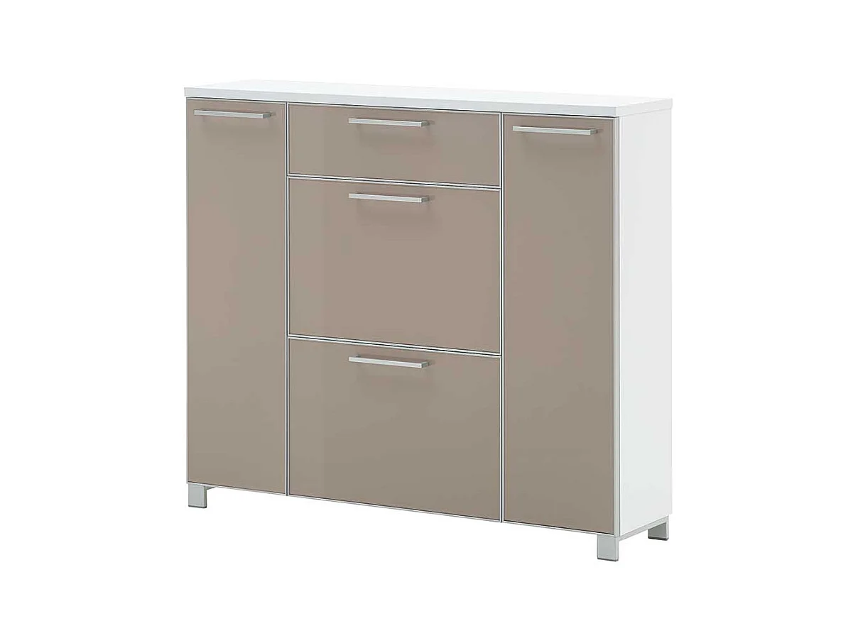 Schuh Klappenschrank in Taupe Weiß Glas beschichtet