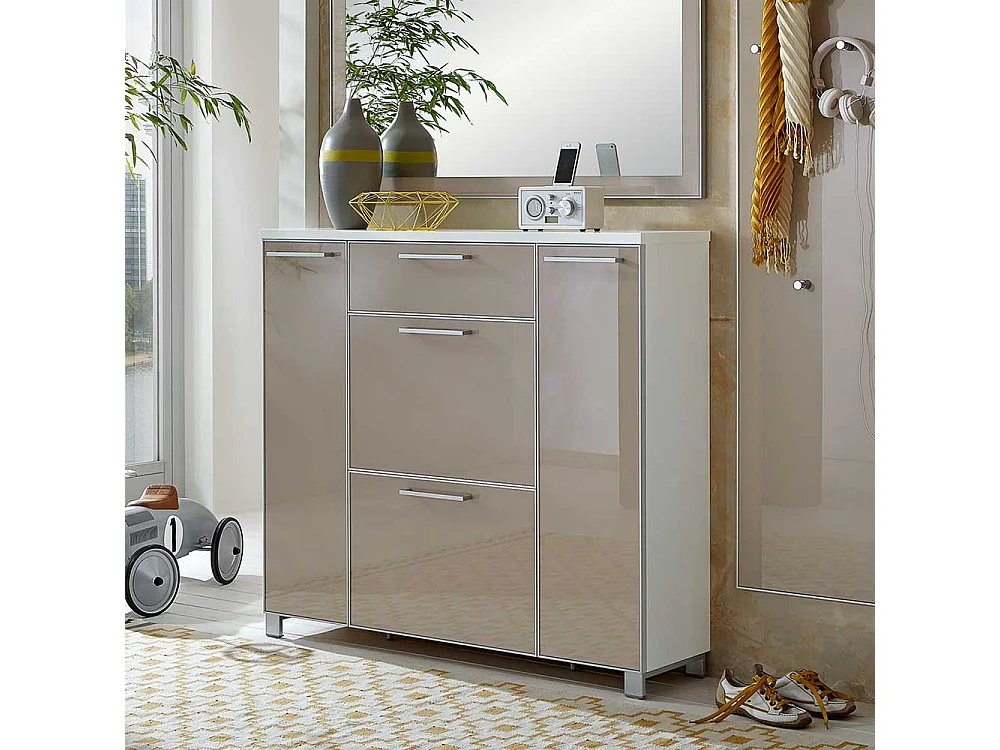 Schuh Klappenschrank in Taupe Weiß Glas beschichtet