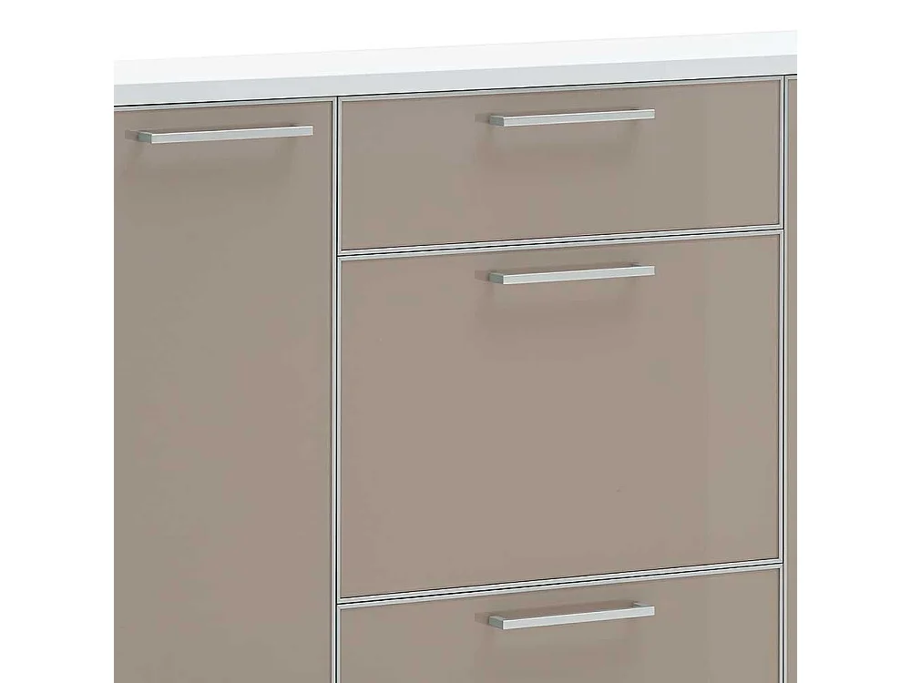 Schuh Klappenschrank in Taupe Weiß Glas beschichtet