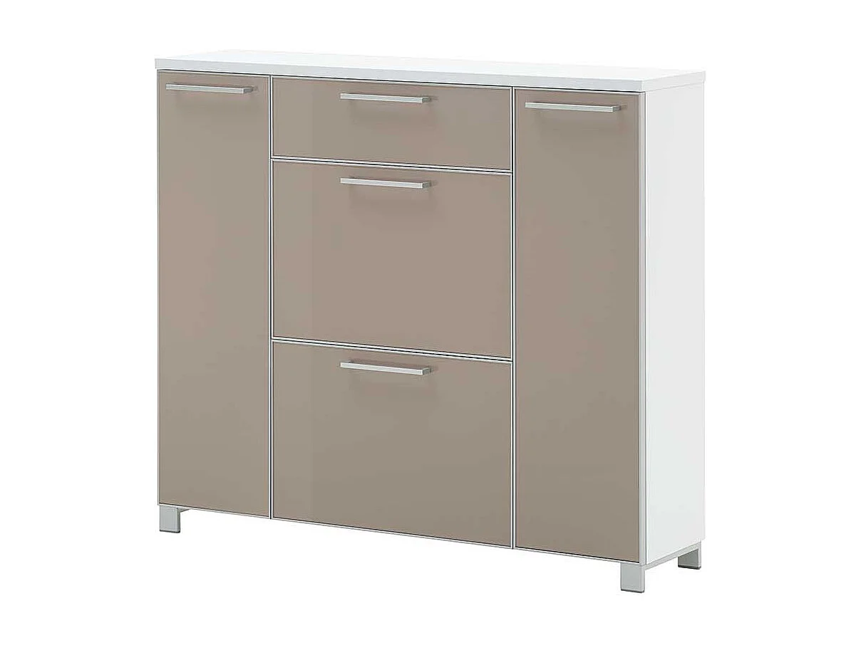 Schuh Klappenschrank in Taupe Weiß Glas beschichtet
