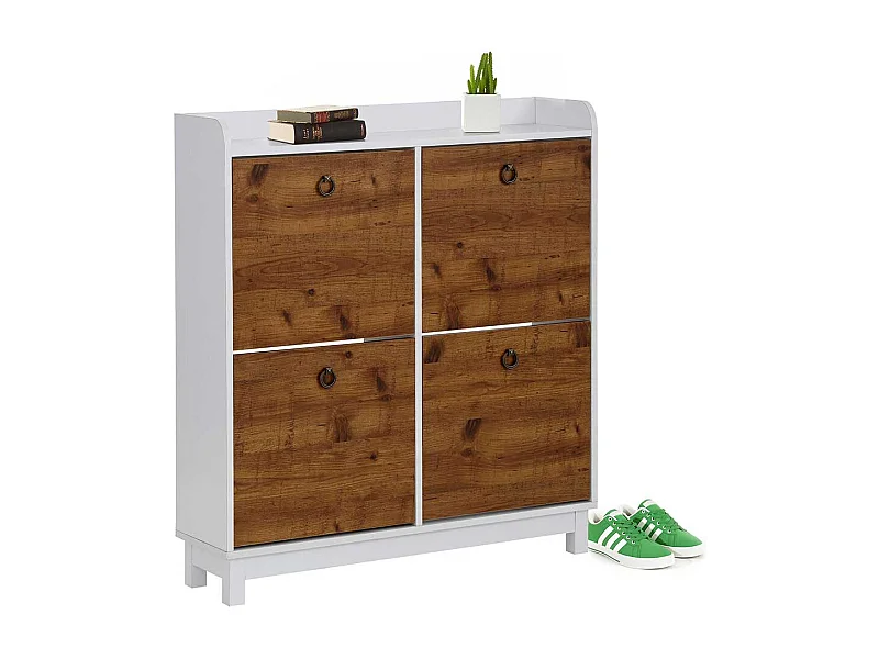 Garderobenschuhschrank in Weiß und Wildeichefarben vier Schuhwalzen