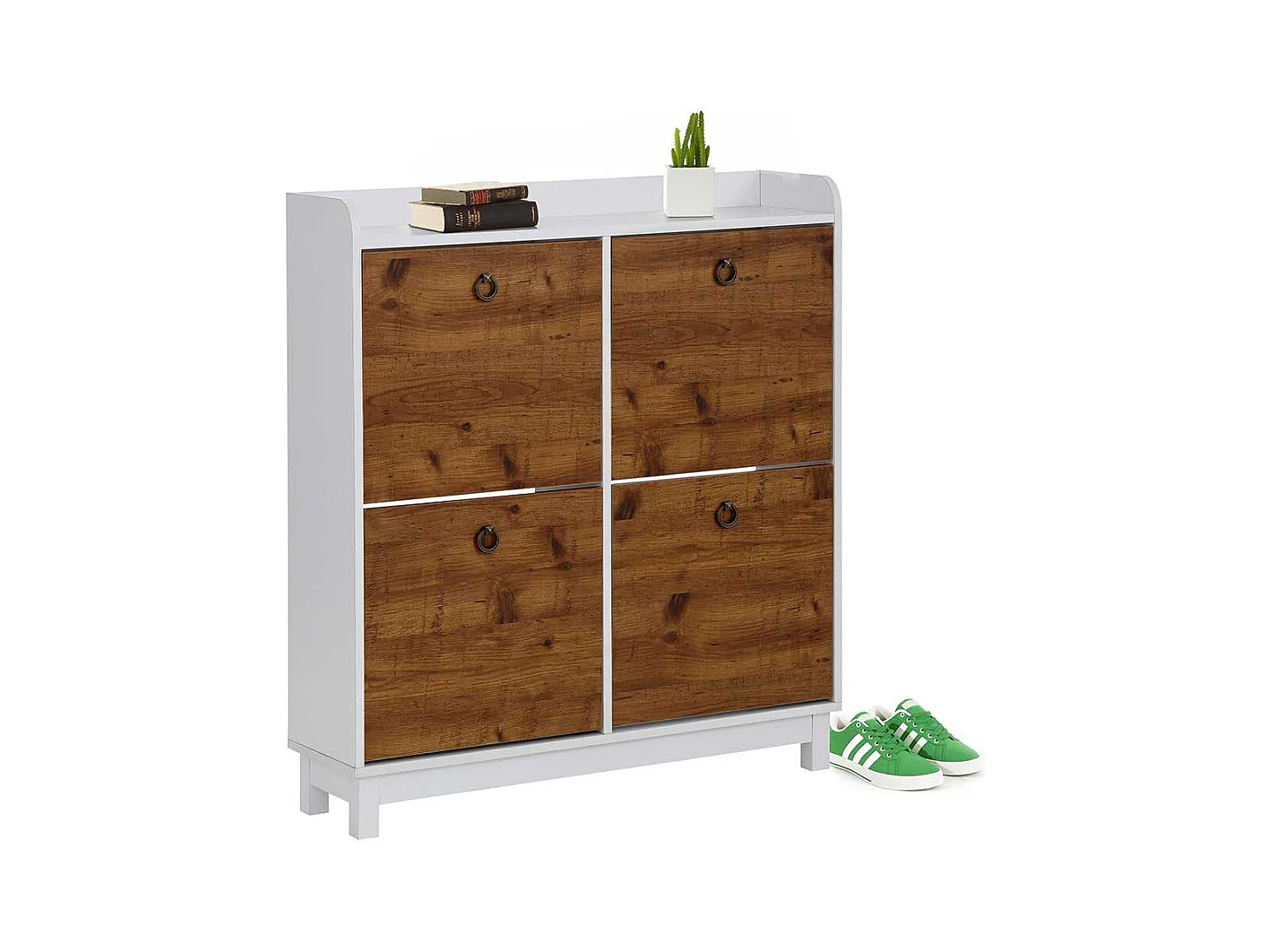 Garderobenschuhschrank in Weiß und Wildeichefarben vier Schuhwalzen