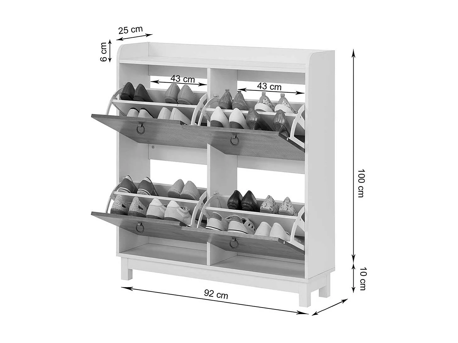 Garderobenschuhschrank in Weiß und Wildeichefarben vier Schuhwalzen