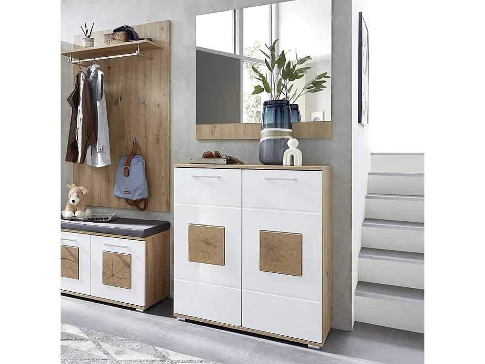 Schuhgarderobe Schrank in Wildeichefarben & Weiß Drehtüren