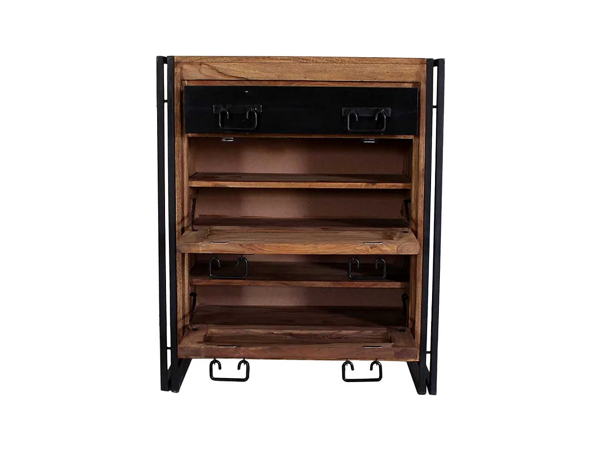 Schuhschrank aus Akazie Massivholz Metall Schwarz