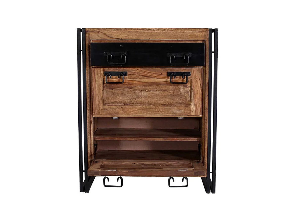 Schuhschrank aus Akazie Massivholz Metall Schwarz