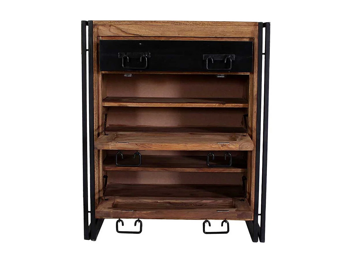 Schuhschrank aus Akazie Massivholz Metall Schwarz