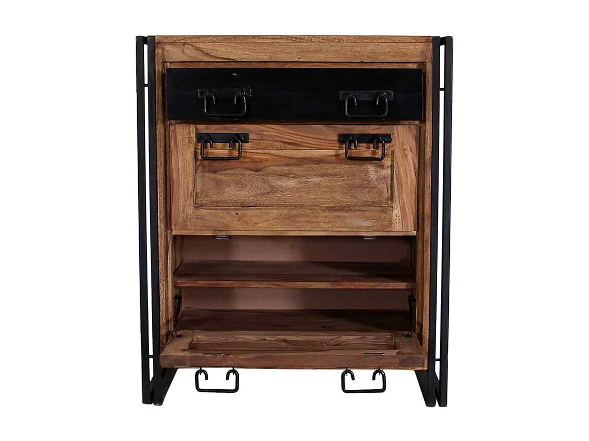 Schuhschrank aus Akazie Massivholz Metall Schwarz