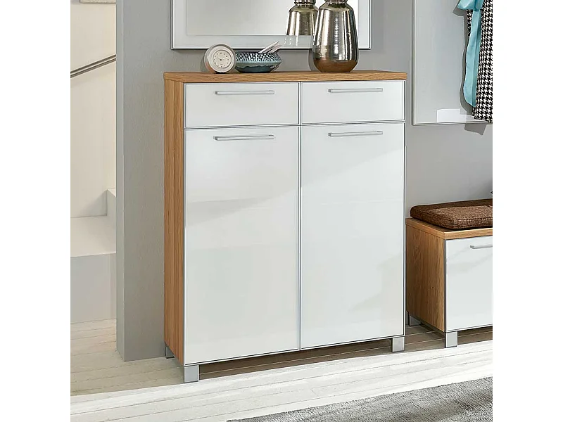Design Schuhschrank in Weiß Glas beschichtet Eiche Bianco furniert