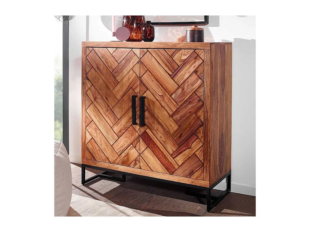 Massivholz Schuhschrank aus Sheesham und Metall Drehtüren