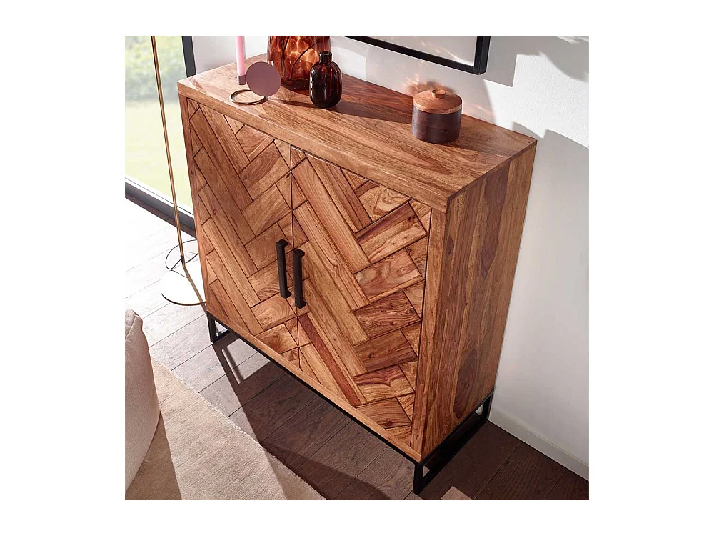 Massivholz Schuhschrank aus Sheesham und Metall Drehtüren