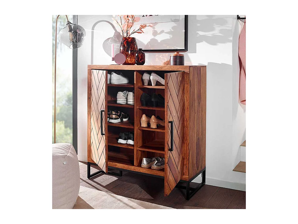 Massivholz Schuhschrank aus Sheesham und Metall Drehtüren