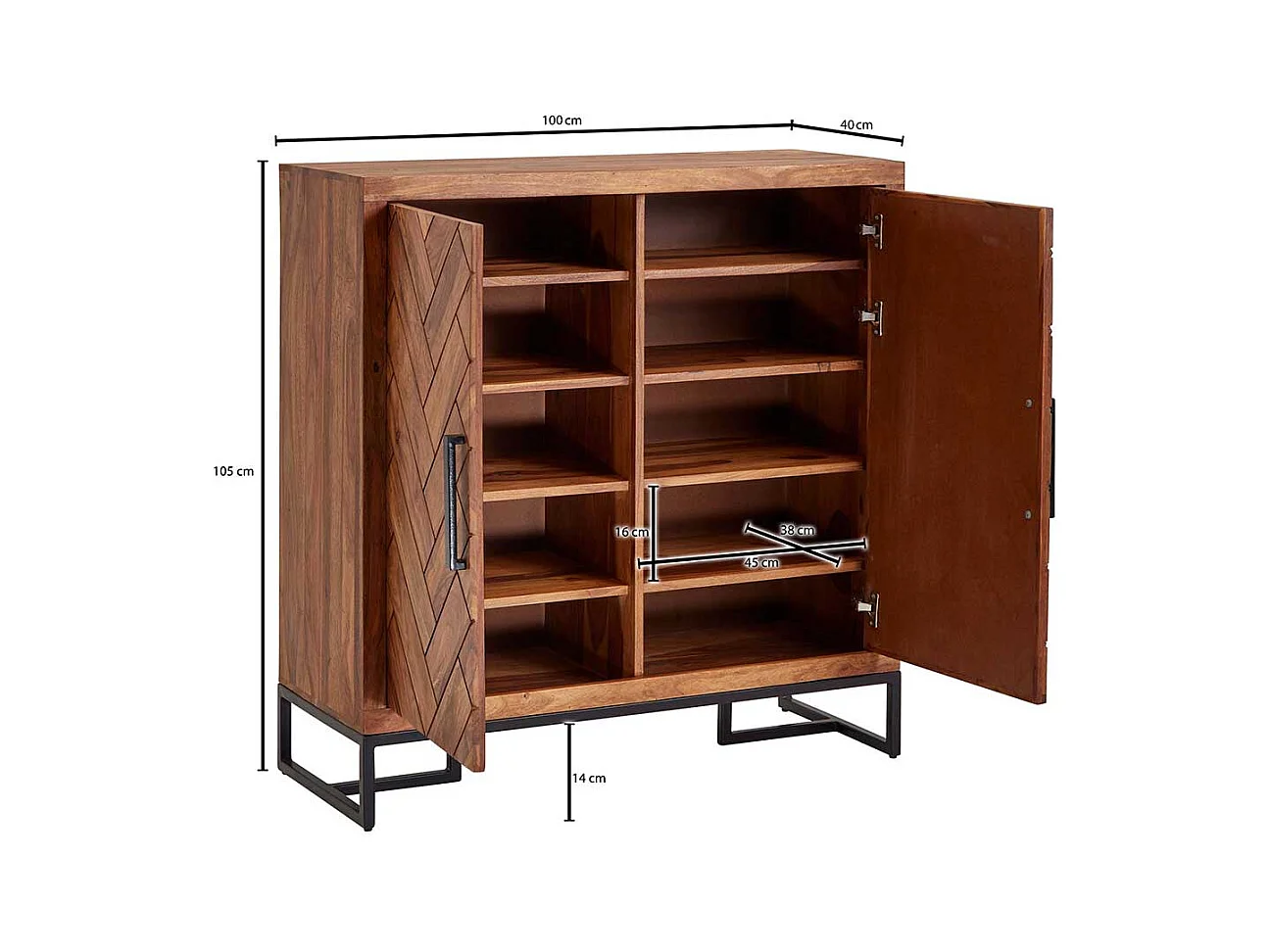 Massivholz Schuhschrank aus Sheesham und Metall Drehtüren