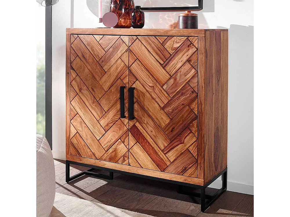 Massivholz Schuhschrank aus Sheesham und Metall Drehtüren