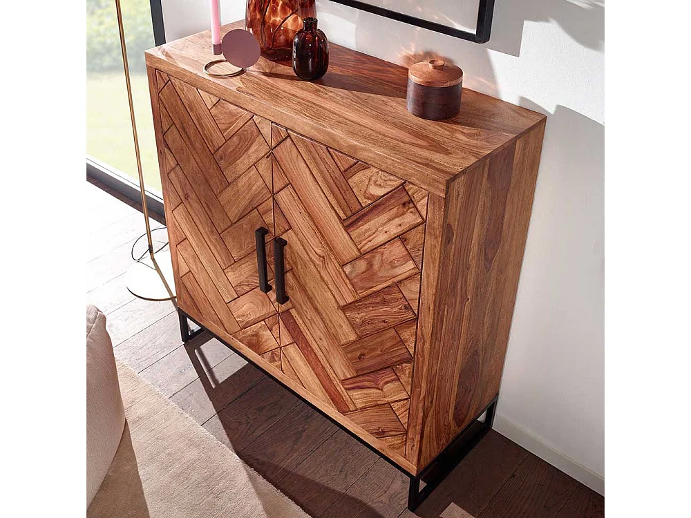 Massivholz Schuhschrank aus Sheesham und Metall Drehtüren