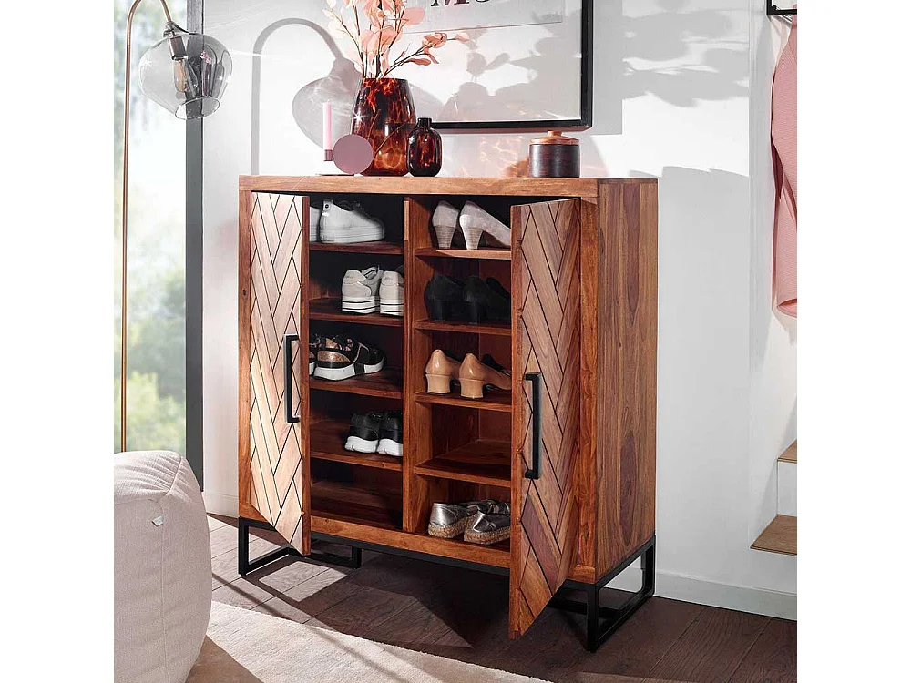 Massivholz Schuhschrank aus Sheesham und Metall Drehtüren