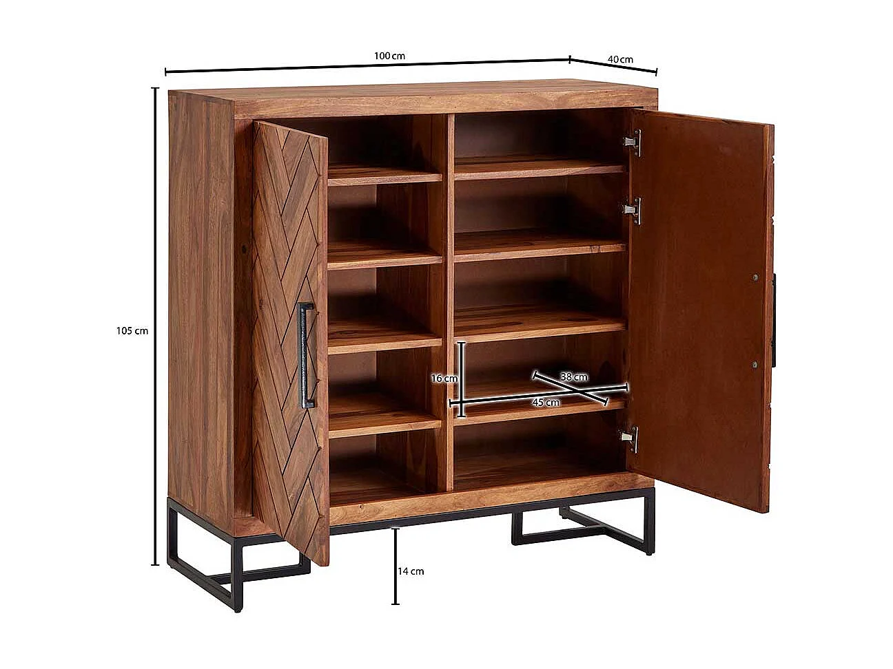 Massivholz Schuhschrank aus Sheesham und Metall Drehtüren