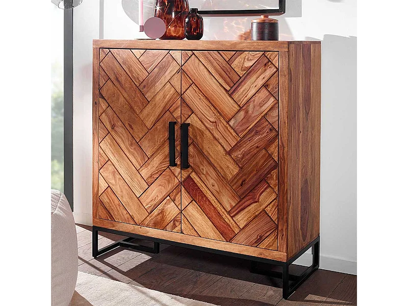 Massivholz Schuhschrank aus Sheesham und Metall Drehtüren