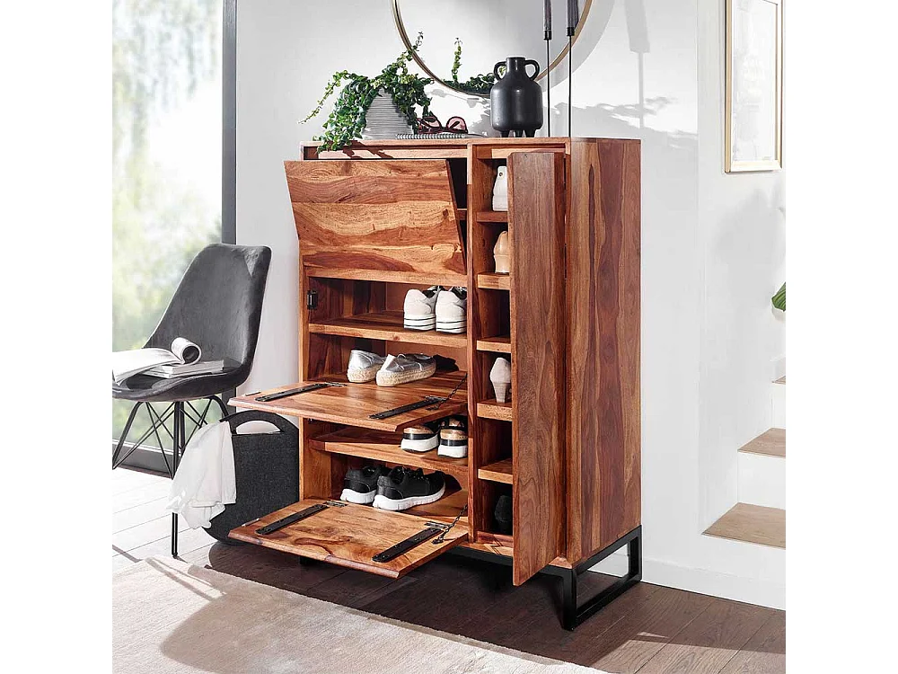 Schuh Schrank aus Sheesham Massivholz Metallbügelgestell