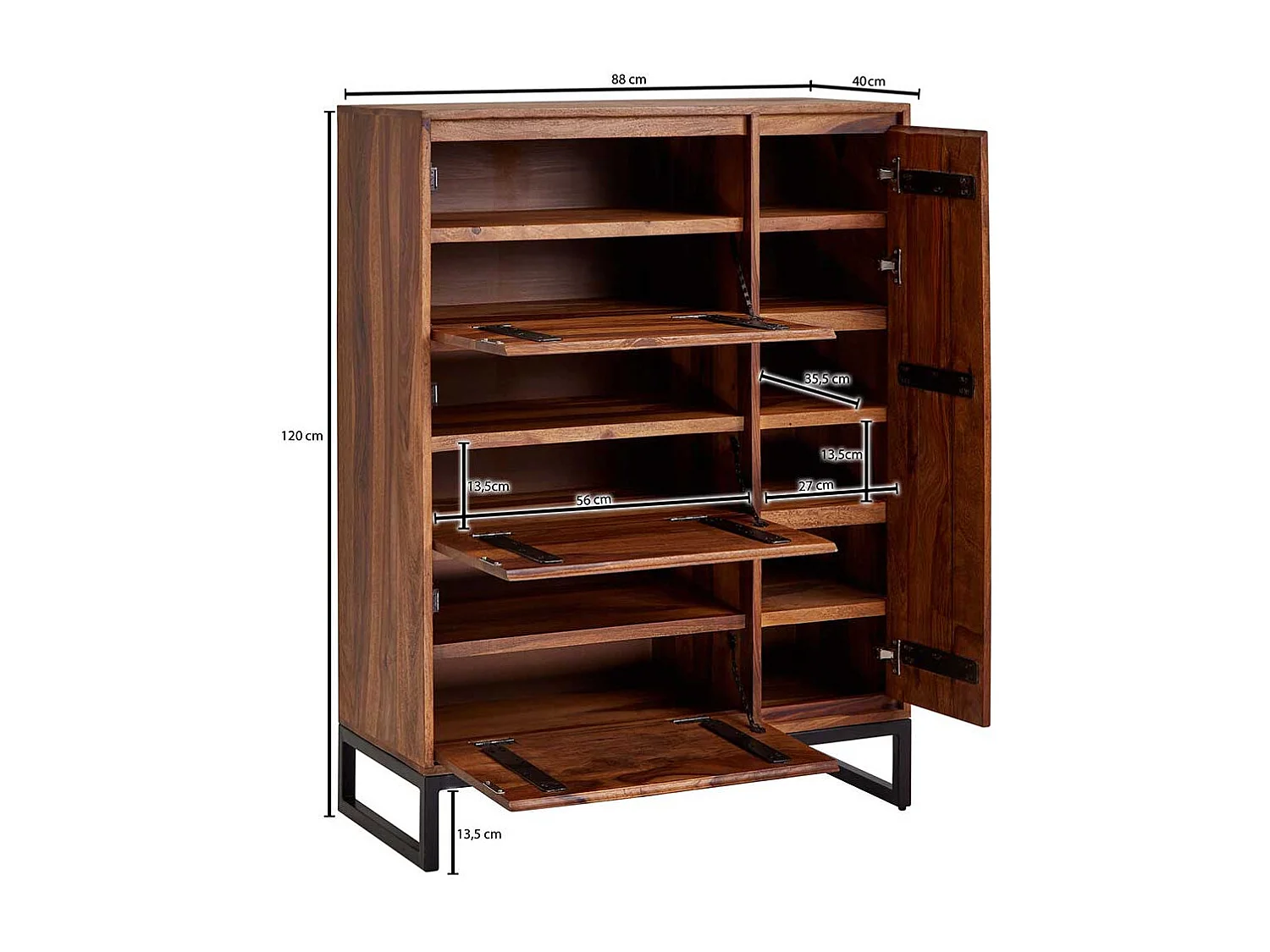 Schuh Schrank aus Sheesham Massivholz Metallbügelgestell