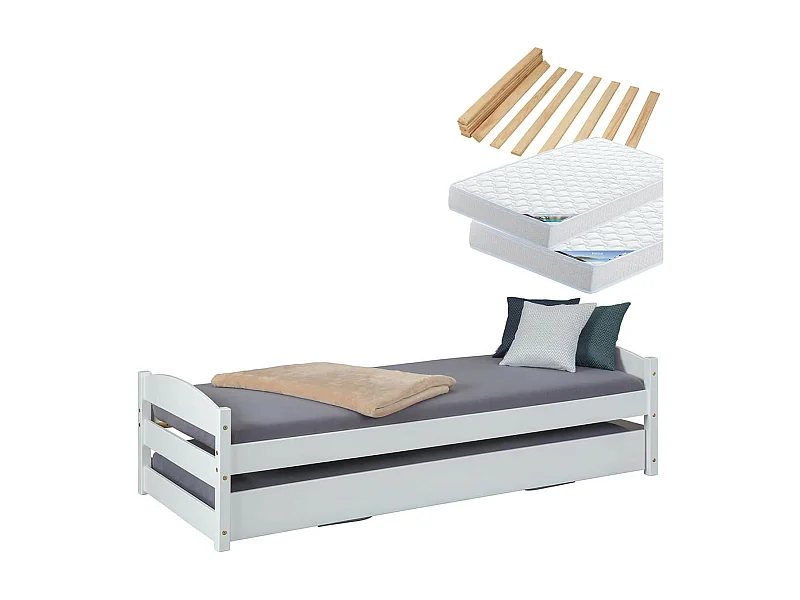 BRODI - Pack Lit Gigogne 90x200cm Blanc + Matelas Ibiza + Matelas Chypre